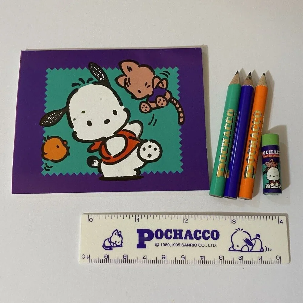 Vintage Sanrio Pochacco 1989 1995 Mini Stationery Set Pencils Notepad Ruler - Picture 2 of 8